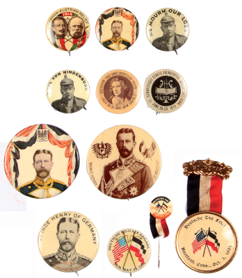 Twelve pins, .6”d. to 2.1” d., seven are German military figures, five are American – German souvenirs, good condition.