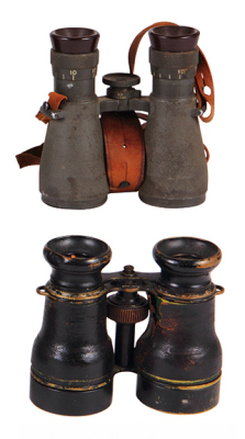 Two German military binoculars, Fernglas 08, E. Leitz Wetzlar, WWI, with case, straps damaged or missing, binoculars good used condition; with, Gebrüder Theimer, Amberg binoculars, with case, working but used condition with heavy wear.