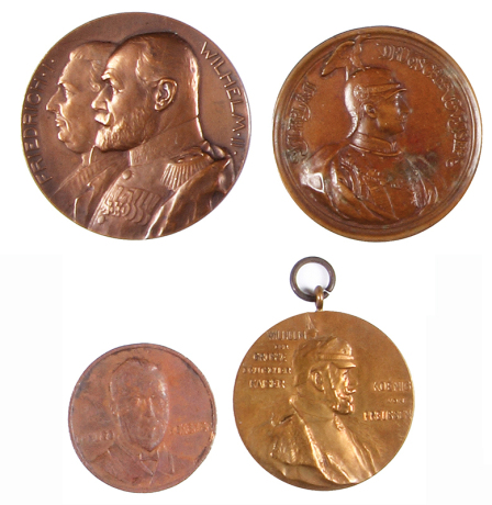 Four medals, 1.3” d. to 1.9” d., bronze, 100th birthday of Wilhelm I, 22nd March 1897; bronze, Wilhelm II, Deutscher Kaiser; bronze, Friedrich I, Wilhelm II, 1806 – 1906, Wuerttemberg; metal, D. Hugo Eckener, Amerikafahrt LZ 126, 1924, very worn, first th