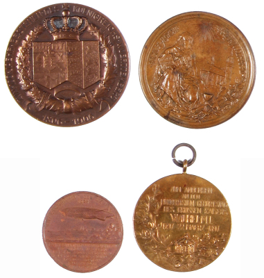 Four medals, 1.3” d. to 1.9” d., bronze, 100th birthday of Wilhelm I, 22nd March 1897; bronze, Wilhelm II, Deutscher Kaiser; bronze, Friedrich I, Wilhelm II, 1806 – 1906, Wuerttemberg; metal, D. Hugo Eckener, Amerikafahrt LZ 126, 1924, very worn, first th - 2