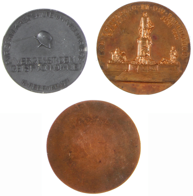 Three German medals, 2.0” d. to 2.1” d., Feinzink, 1917 Hindenburg WW I Honor Medallion; brass, Bismarck, Zur Erinnerrung Berlin an die Enthüllung Juni 1901; bronze, Uribus Unitis 1914, marked Weiberger, all good condition. - 2