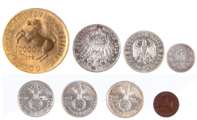 Eight German coins, 10000 Mark, 1923, Notgeld; Drei Mark, 1912, silver; 5 Mark, 1935, silver; 1/2 mark, 1907, silver; three coins, 2 Marks, 1939, silver; 1/2 Heller, Deutsches Ostafrika, 1904, good condition, but all show signs of wear, they have not been - 2