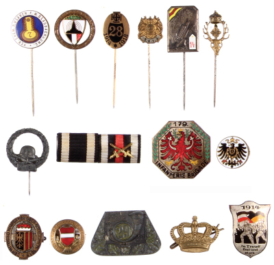 Fifteen pins & medals, 1.5” x 2.0”, most are enameled, Imperial and WWI, includes 14th Artillery, 7th Ulan, 28th Inft., Jäger Regt., S.M.V.B., 29th K.U.K., 179th Inft., Meisterschaft v. Oesterreich 1931, Dem Witwen u. Waisen von Ober-Oesterreich 1915, goo