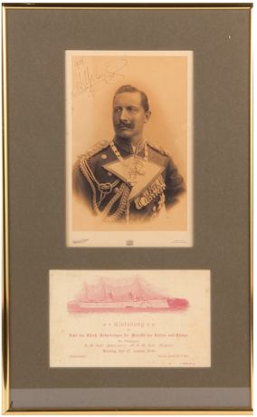 Framed photograph and card, 11.2” x 17.8” frame, photograph of Wilhelm II, 5.0” x 7.5”, signed and dated by Wilhelm II, 1908; with, card, 7.0” x 4.2”, Einladung, Feier des Geburtstages Sr. Majestät des Kaisers und Königs, S.M. Yacht Hohenzollern und S.M.