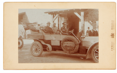 Photograph, 7.4” x 12.3” mounted on cardboard, 6.0” x 8.9”, photograph of Kaiser Wilhelm II in an automobile, good condition.