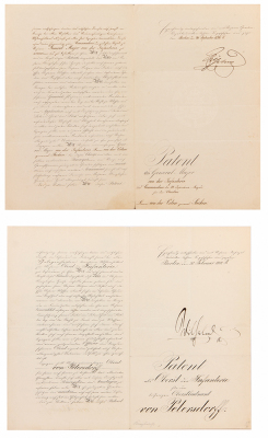 Four documents, 8.8” x 10.7”, signed letter dated 4 Mai 1894; 8.2" x 12.2", awarding Prinz-Regent Luitpold Medaille in Bronze, 1911; two documents, each four pages, 8.8" x 14.2", titled König von Preussen, all have some signs of age. 