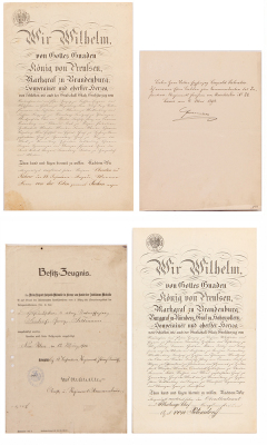 Four documents, 8.8” x 10.7”, signed letter dated 4 Mai 1894; 8.2" x 12.2", awarding Prinz-Regent Luitpold Medaille in Bronze, 1911; two documents, each four pages, 8.8" x 14.2", titled König von Preussen, all have some signs of age.  - 4