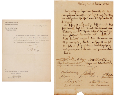 Two documents, 8.2” x 10.6”, signed letter dated 6. August 1914, from Grand Admiral Tirpitz, Imperial Chief of the German Fleet, on one page of a four page folded sheet, signed by Alfred von Tirpitz, a thank you note to Dr. L. Darmstaedter, fold marks, ot