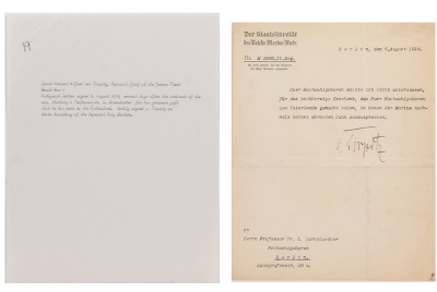 Two documents, 8.2” x 10.6”, signed letter dated 6. August 1914, from Grand Admiral Tirpitz, Imperial Chief of the German Fleet, on one page of a four page folded sheet, signed by Alfred von Tirpitz, a thank you note to Dr. L. Darmstaedter, fold marks, ot - 2