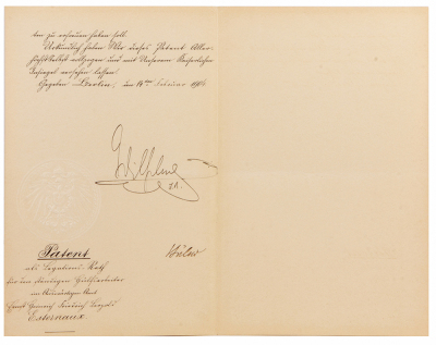 Document, 8.3” x 13.0”, signed letter dated 14. Februar 1904 from Kaiser Wilhelm II. On two pages of a four page folded sheet, signed by Kaiser Wilhelm II and Bernhard von Bulow, embossed with Imperial seal, good condition. - 3