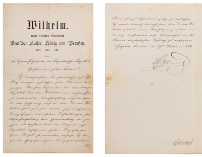 Document, 8.2” x 13.7”, signed letter dated 29. Oktober 1885 from Kaiser Wilhelm I. On two pages of a four page folded sheet, signed by Kaiser Wilhelm I, written to the President of Argentina, requesting the return of Imperial Minister Dr. von Holleben to