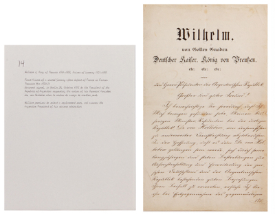 Document, 8.2” x 13.7”, signed letter dated 29. Oktober 1885 from Kaiser Wilhelm I. On two pages of a four page folded sheet, signed by Kaiser Wilhelm I, written to the President of Argentina, requesting the return of Imperial Minister Dr. von Holleben to - 2