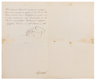 Document, 8.2” x 13.7”, signed letter dated 29. Oktober 1885 from Kaiser Wilhelm I. On two pages of a four page folded sheet, signed by Kaiser Wilhelm I, written to the President of Argentina, requesting the return of Imperial Minister Dr. von Holleben to - 3