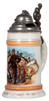 Porcelain stein, .5L, transfer & hand-painted, fireman’s motif, fantastic figural pewter lid of fireman’s helmet, inscription from service, lines in lithophane, excellent pewter repair.