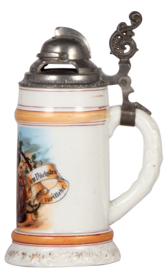 Porcelain stein, .5L, transfer & hand-painted, fireman’s motif, fantastic figural pewter lid of fireman’s helmet, inscription from service, lines in lithophane, excellent pewter repair. - 2