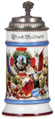 Porcelain stein, .5L, transfer & hand-painted, Turner Bund Ansbach, 4F, relief pewter lid, base band wear, lithophane lines. 