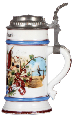 Porcelain stein, .5L, transfer & hand-painted, Turner Bund Ansbach, 4F, relief pewter lid, base band wear, lithophane lines.  - 2