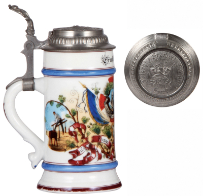 Porcelain stein, .5L, transfer & hand-painted, Turner Bund Ansbach, 4F, relief pewter lid, base band wear, lithophane lines.  - 3