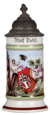 Porcelain stein, .5L, transfer & hand-painted, 4F, Frei Heil!, pewter lid, mint.