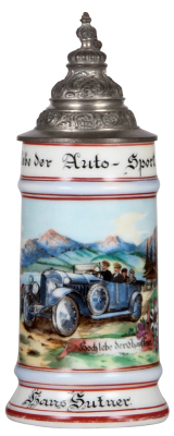 Porcelain stein, .5L, transfer & hand-painted, Occupational Chauffeur [Driver], Hoch lebe der Auto - Sport, pewter lid, rare, good repair of pewter tear, faint lithophane lines.