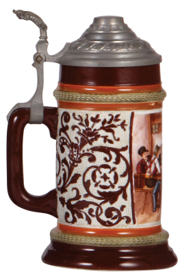 Porcelain stein, .5L, transfer & hand-painted, threading, marked H.R., 188/80, by Hauber & Reuther, pewter lid, mint.  - 3