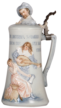 Porcelain stein, 1.0L, 11.5'' ht., relief, by Ens, hand-painted, pate-sur-pate, porcelain lid, mint.