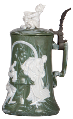 Porcelain stein, .5L, relief, pate-sur-pate, by ENS, marbleized finish, porcelain lid, mint.