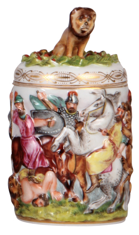 Porcelain stein, .5L, 6.6'' ht., hand-painted relief, Capo-di-Monte, marked N with crown, porcelain lid, mint.