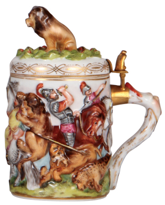 Porcelain stein, .5L, 6.6'' ht., hand-painted relief, Capo-di-Monte, marked N with crown, porcelain lid, mint. - 2