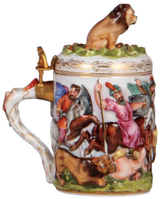 Porcelain stein, .5L, 6.6'' ht., hand-painted relief, Capo-di-Monte, marked N with crown, porcelain lid, mint. - 3