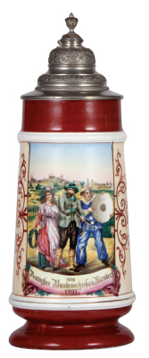 Porcelain stein, 2.0L, 14.2'' ht., transfer & hand-painted, 12. Deutsches Bundesschiessen Nürnberg, 1897, pewter lid, very rare, mint.