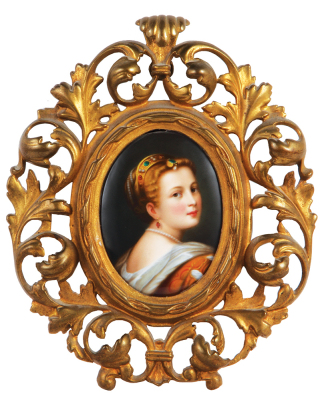 Porcelain plaque, 5.1" x 4.0", with brass frame 11.4" x 9.6", hand-painted, Germany, mint.