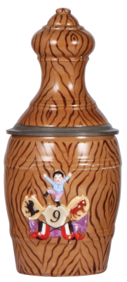 Character stein, .5L, porcelain, Bowling Pin, inlaid lid, a little wear.