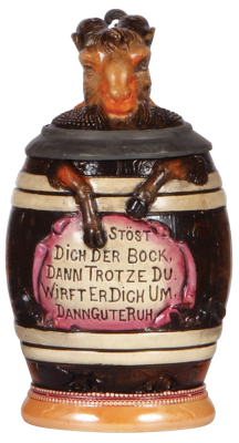 Character stein, .5L, pottery, by Diesinger, 700, Bock in Barrel, minor pewter tear, otherwise mint.