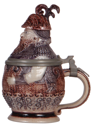 Character stein, .5L, stoneware, marked 223, made by Hauber & Reuther, Knight, purple saltglaze, excellent repair of chip on lid. - 2