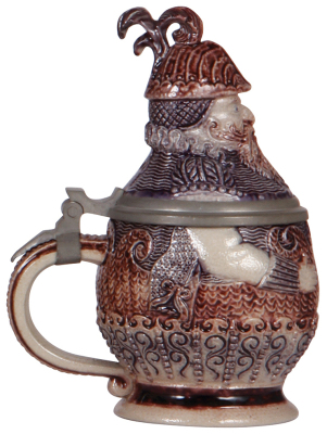 Character stein, .5L, stoneware, marked 223, made by Hauber & Reuther, Knight, purple saltglaze, excellent repair of chip on lid. - 3