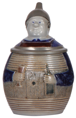 Character stein, .5L, stoneware, marked 194, Funnel Man, rare pewter funnel cap, inlay hairline repair, body mint. 