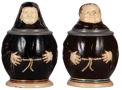 Two Character steins, .5L, pottery, marked M. & W. Gr., Nun & Monk, matching pair, both mint. 