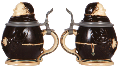 Two Character steins, .5L, pottery, marked M. & W. Gr., Nun & Monk, matching pair, both mint.  - 3