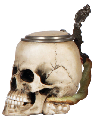 Character stein, .5L, porcelain, by E. Bohne & Söhne, Skull with snake handle, chip on underside of jaw.