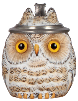 Character stein, .5L, porcelain, marked E. Bohne Söhne, Owl, excellent repair of very small rim chips, excellent pewter strap repair.