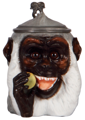 Character stein, .5L, porcelain, by E. Bohne Söhne, Monkey with Apple, excellent condition.