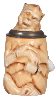 Character stein, .5L, porcelain, marked Musterschutz, by Schierholz, Drunken Monkey, platinum repainted on small stein lid. 