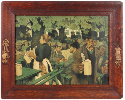 Framed lithograph, 20.5" x 25.5" with frame, Biergarten scene, c.1900, very good condition.