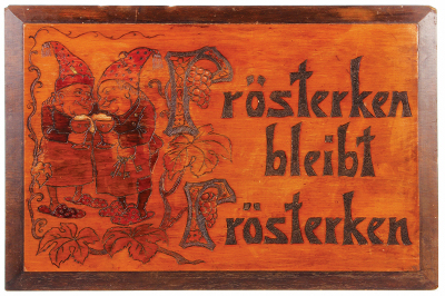 Black Forest pyrography wood picture, 23.7'' x 15.6'', early 1900s, made in Germany, gnomes & verse, very good condition.