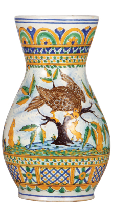 Faience stein, 10.7'' ht., mid 1700s, Slowakische Birnkrug, signed under handle: 1760 TS, large bird & rabbits, very good condition.