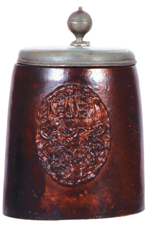 Stoneware stein, 8.1'' ht., Bunzlauer Walzenkrug, late 1600s, pewter lid, very good pewter strap & a tear repaired, body very good condition.