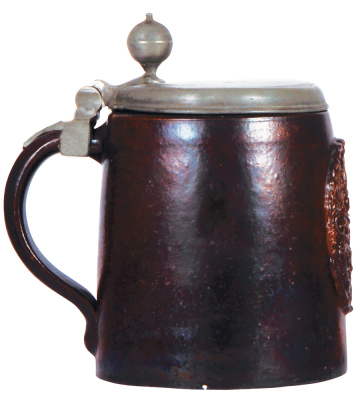 Stoneware stein, 8.1'' ht., Bunzlauer Walzenkrug, late 1600s, pewter lid, very good pewter strap & a tear repaired, body very good condition. - 3