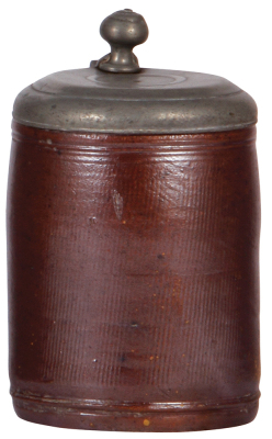 Stoneware stein, 7.2'' ht., mid 1700s, Sächsischer Walzenkrug, pewter lid, small tear repaired, .25'' top rim chip.