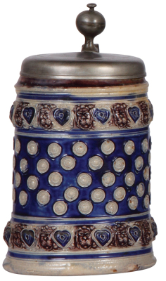 Stoneware stein, 7.7'' ht., early 1700s, Westerwälder Walzenkrug, applied relief, blue & purple saltglazes, pewter lid, .5'' chip on handle, pewter lid restored.